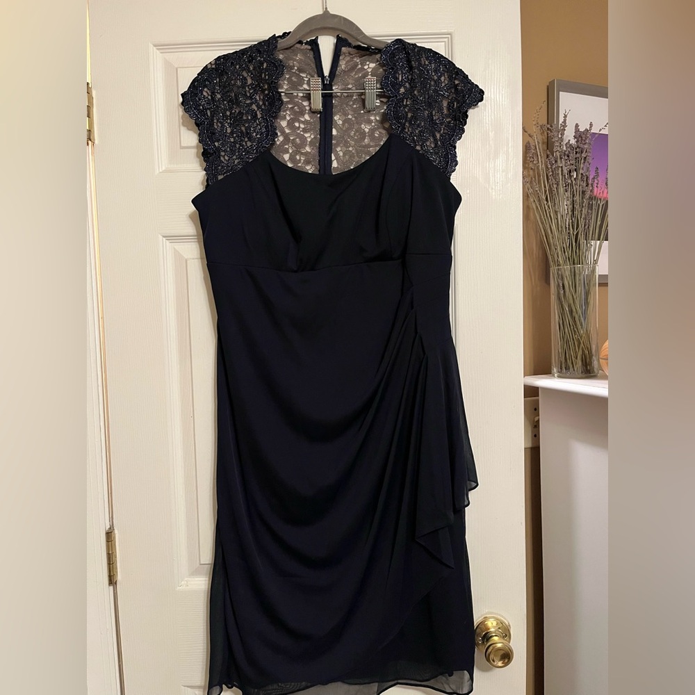 Xscape Navy Asymmetrical Dress with Lace